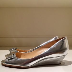 Kate Spade Silver Bow Peep-toe Low Wedge